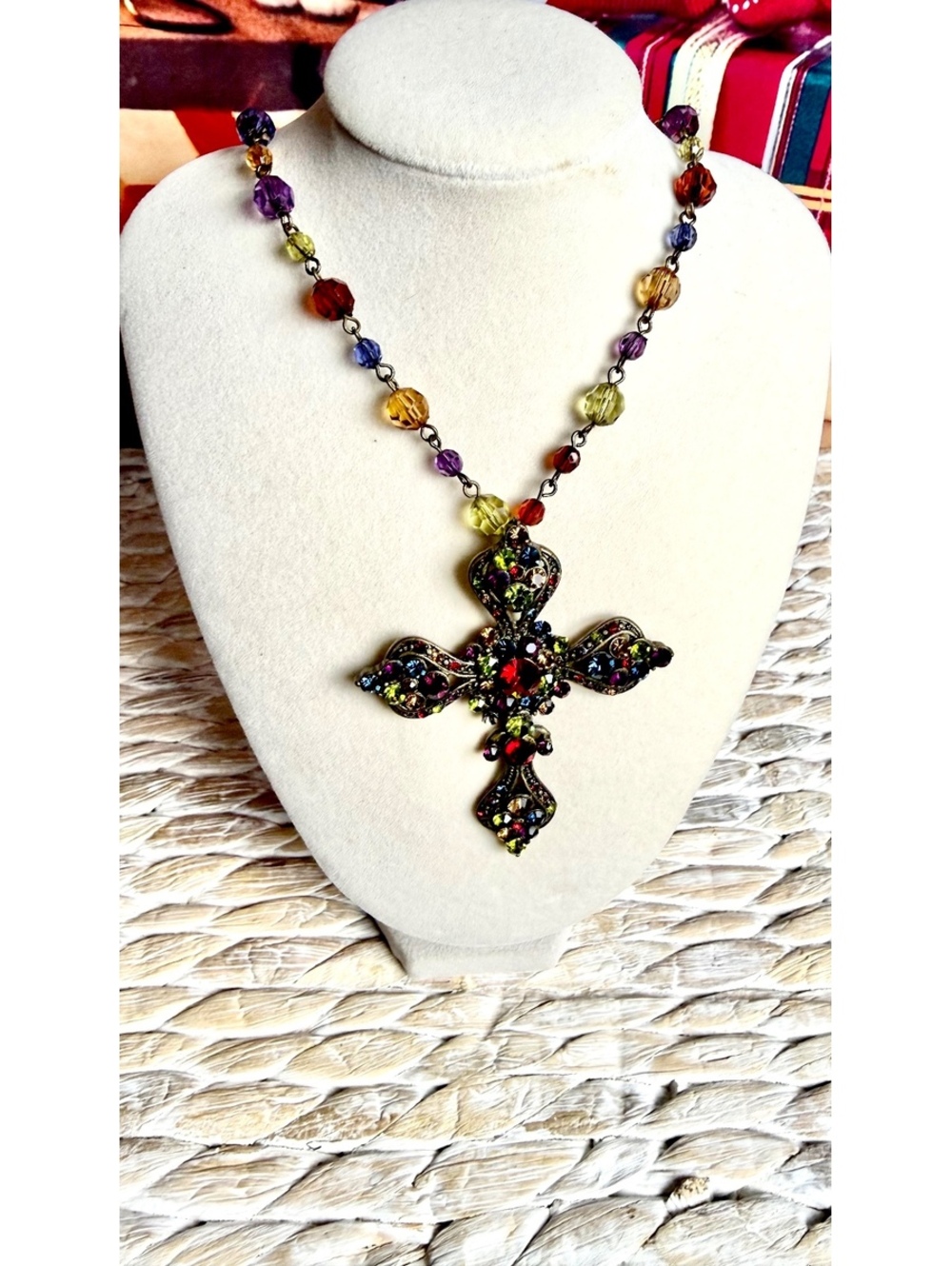 Multicolor Rhinestone Cross Pendant Necklace with 12” Beaded Chain